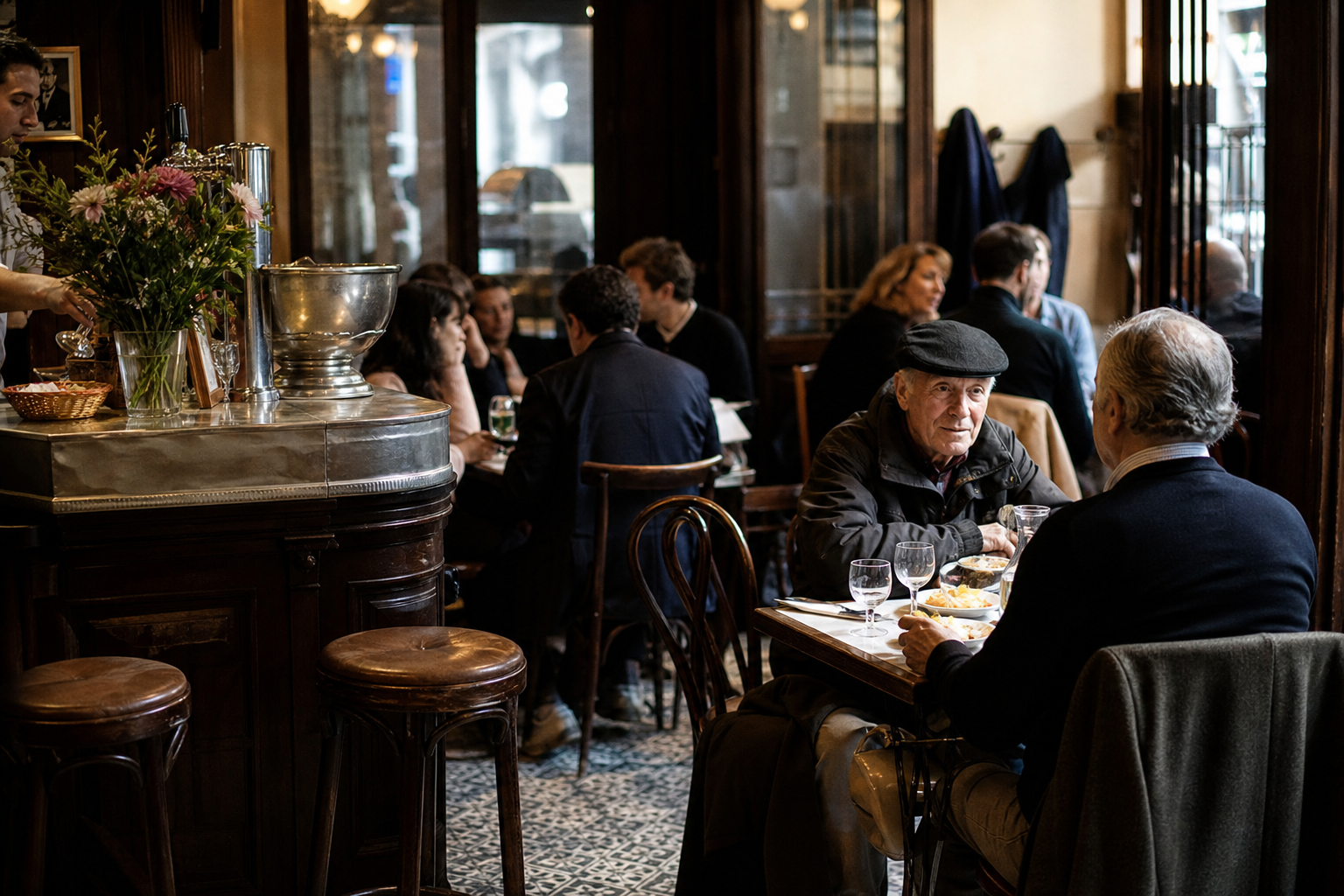 Interior acolhedor de um bistrot francês tradicional, com balcão de madeira, pratos simples e clientes conversando
