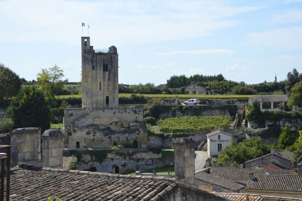 Torre histórica de Saint-Émilion cercada por vinhedos na França.